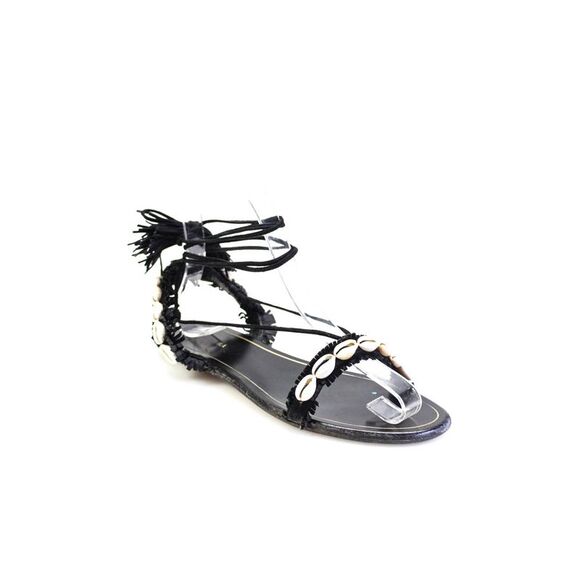 Aquazzura Shoes - Aquazzura Womens Cowrie Shell Suede Fringe Flat Lace Up Sandals Black 36.5 6.5